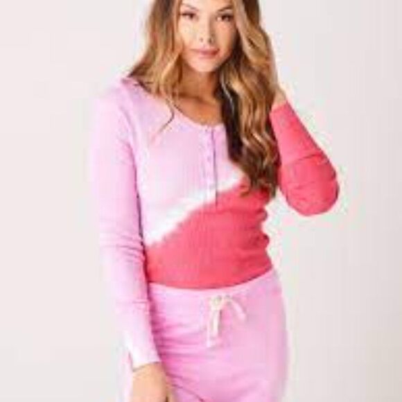 Sundry Tops - Sundry Womens Ribbed Thermal Henley Top Pink Dip Dye Long Sleeve Shirt NEW